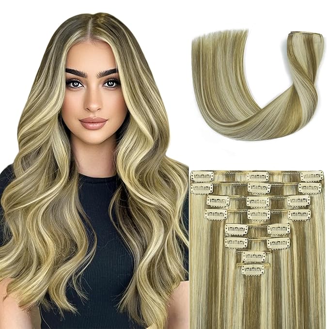 Blonde Clip in Hair Extensions Real Human Hair 8pcs Per Set with Double Weft 100% Seamless Blonde Hair Extensions for Women #8p613 Mixed Bleach Blonde 22inch 110g/4oz