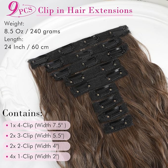 Hair Extensions, REECHO 9PCS Clip in Hair Extensions 24" Thick Long Mini Mermaid Wave Luxurious Lightweight Japanese Technology HYOUITSU Fiber Invisible Soft Lace Weft - HE009 Chestnut Brown