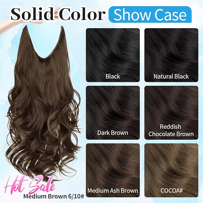 KooKaStyle Invisible Wire Hair Extensions Long Straight Layered Synthetic with Transparent Wire Adjustable Size 6 Secure Clips Hairpieces for Women 20 Inch (20 Inch, Medium Brown6/10#)