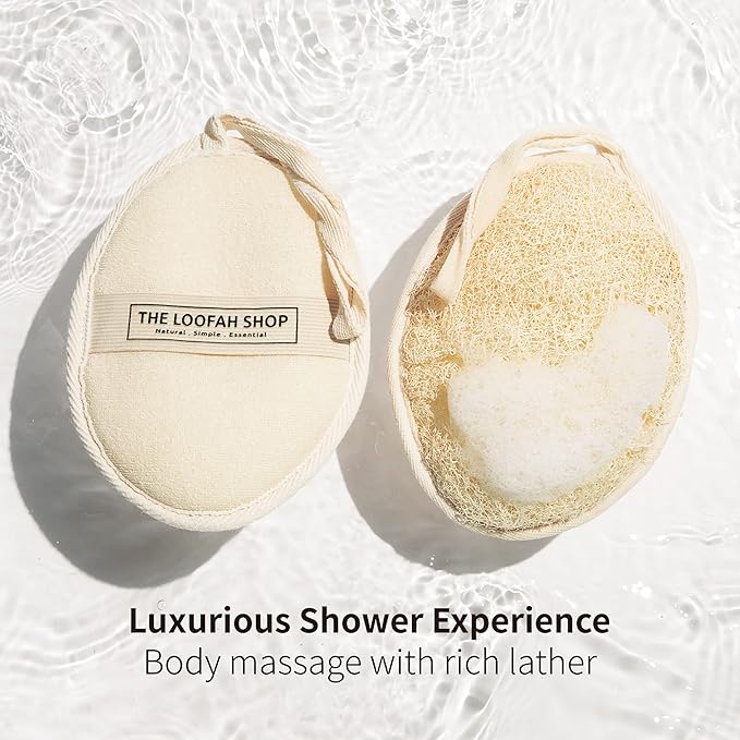 Bath Loofah Sponge, Exfoliating Body Scrubber, Shower Luffa for Men, Women and Kids Made of Eco-Friendly Natural Egyptian Loofah with Cotton Travel Pouch, 7" x 5.25" (2pack 4pcs)