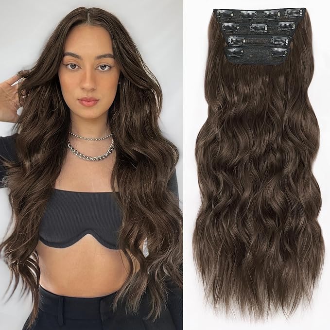 ALXNAN Clip in Hair Extensions for Women,Chocolate Brown with Dark Brown Long Wavy Hair Extensions Clip Ins 4PCS 20 Inch Synthetic Soft and Natural Thick Hair Pieces for Women