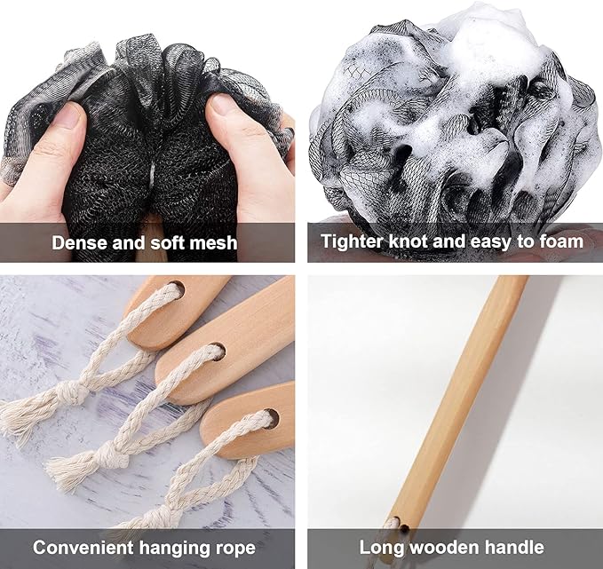 Loofah on a Stick, Loofah with Handle, Back Sponge with Handle, PE Soft Mesh Luffas, Shower Brush for Body, Exfoliating Luffa for Men and Women