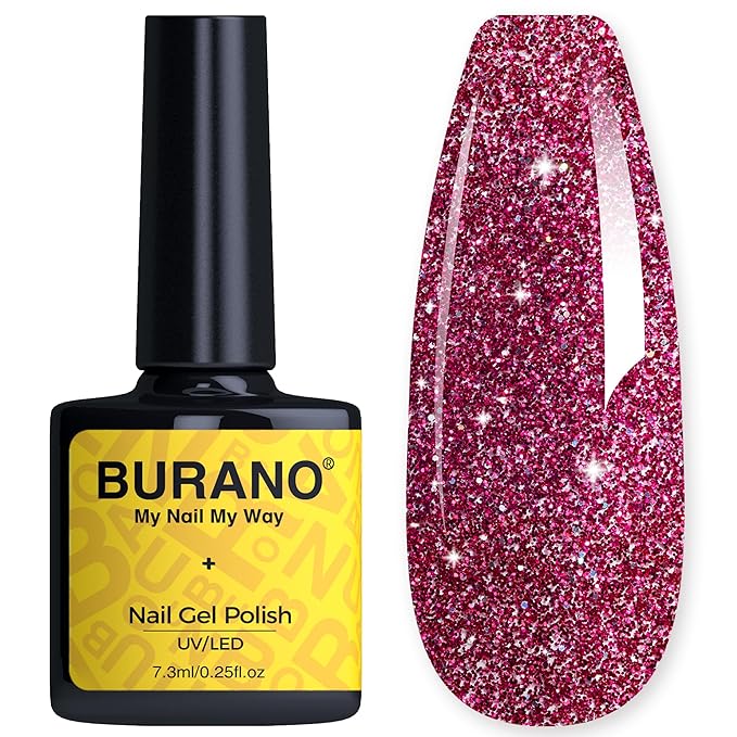 BURANO Glitter Nail Polish, LED UV Shimmer Holographic Effect Soak Off, No Chip Sparkle Gel for Home DIY Nail Salon (Rose LP50)