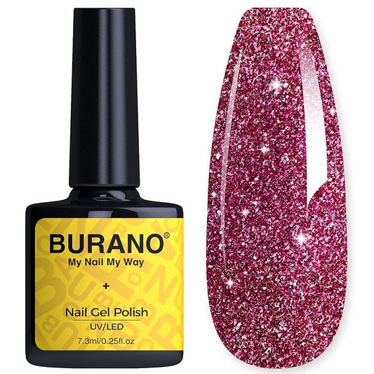BURANO Glitter Nail Polish, LED UV Shimmer Holographic Effect Soak Off, No Chip Sparkle Gel for Home DIY Nail Salon (Rose LP50)
