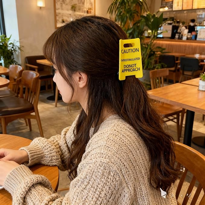 Caution Overstimulated Hair Clip for Women, Funny Yellow Sign Claw Clip for Thick Hair, Strong Large Hair Claws, Novelty Holiday Gift for Coworkers, Friends (3PCS)