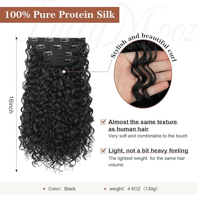 Clip in Hair Extensions, FLUFYMOOZ 4PC 100％ Pure Protein Silk Hair Extensions Long Soft Natural Hairpiece 16 Inch Curly Hair Extension for Women (Black)