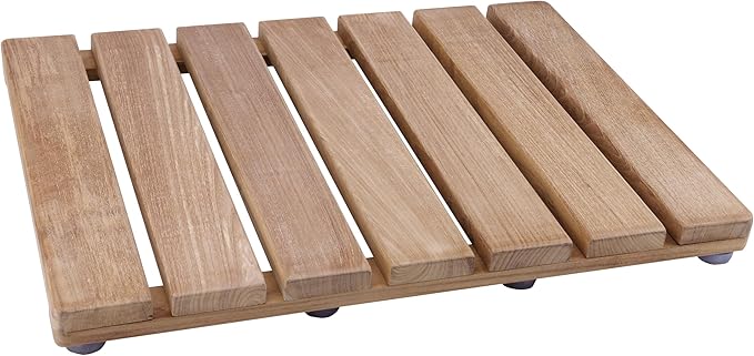 Natural Teak Wood Shower Bath Mat, 20.67 * 14.76 Inches, Non-Slip Rubber Feet, Premium Wooden Floor Mats for Spa, Sauna, Pool and Hot Tub, Flooring Decor and Protector, Indoor and Outdoor Use.
