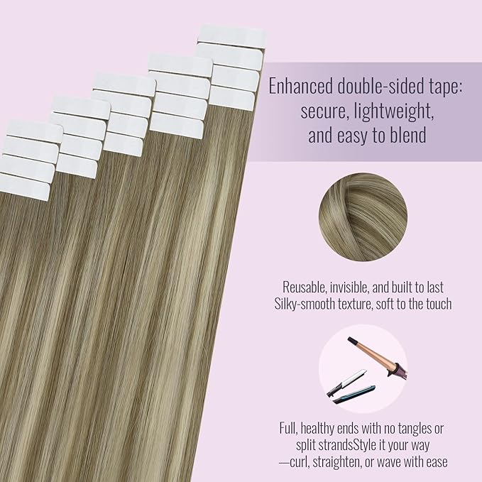 Fshine Tape in Hair Extensions Ombre 20 Inch Brown Fading to Ash Blonde and Platinum Blonde Tape in Human Hair Extensions Soft Straight, Perfect for Brides & Bridesmaids 20 pcs 50 g