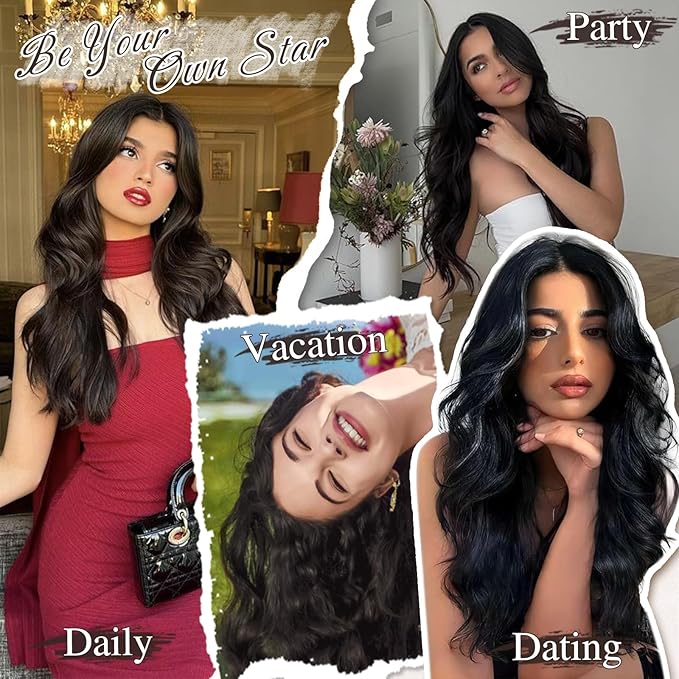 BARSDAR Wavy Black Clip in Hair Extensions - Black Wavy Clip in Hair Extensions for Women - 20 Inch 6 PCS Easy Wear Thick Soft Synthetic Natural Looking Hairpieces Daily Party Halloween