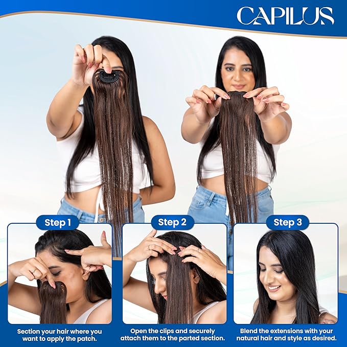 Capilus Invisible Hair Patch (Natural Brown, 16 Inch 1 Pack) | 100% Indian Human Hair Extensions for Women & Girls | Natural-Looking Volumizer | Undetectable, Durable & Non-Damaging Clip Mechanism