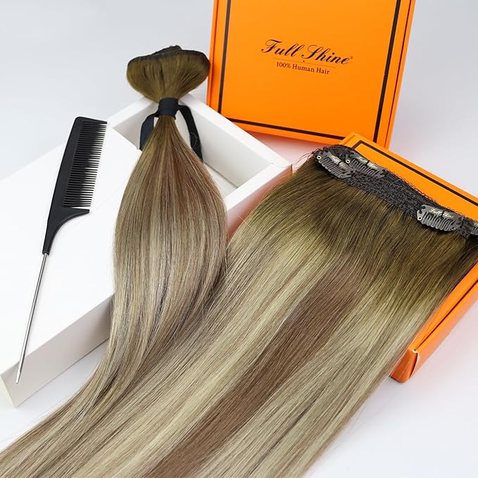 Full Shine Human Hair Clip in Extensions for Woman 14 Inch Medium Brown Ombre to Light Brown and Medinum Blonde Hair Extensions Clip ins Softness 3 PCS 60 Grams