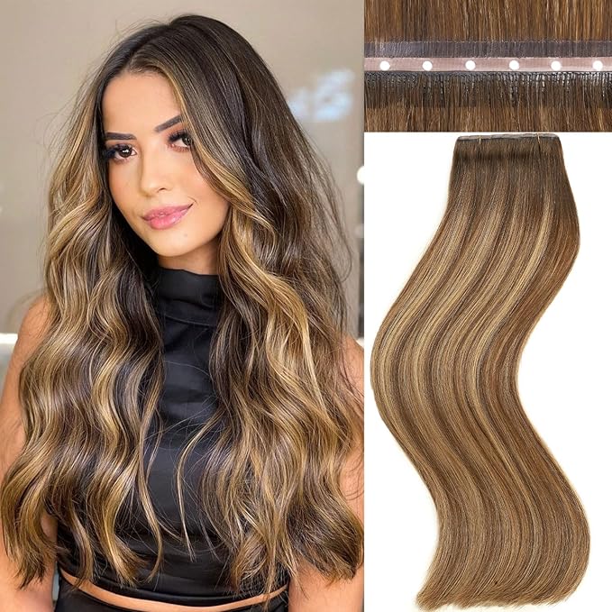 Twin Tab Butterfly Genius Weft Human Hair Extensions Latest Double Invisible Real 100% Remy Human Hair OVO Weft with Micro Bead Simulated Scalp Hair Extensions 100g 7ps 18 Inch Brown Highlight