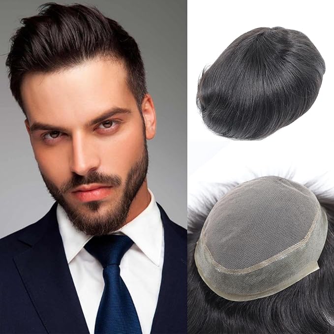 6x8 7x9 Hair Men’s Toupee Mono Lace PU Hairpiece Replacement Capillary Prosthesis System 100% Human Hair Breathable Durable Males Wig Natural Black (Q6, 7X9)
