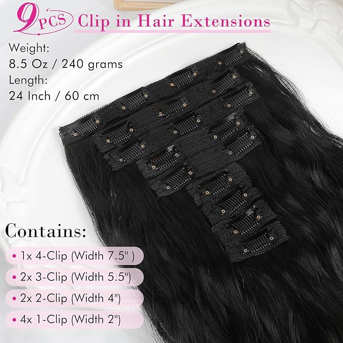 Hair Extensions, REECHO 9PCS Clip in Hair Extensions 24" Thick Long Mini Mermaid Wave Luxurious Lightweight Japanese Technology HYOUITSU Fiber Invisible Soft Lace Weft - HE009 Black