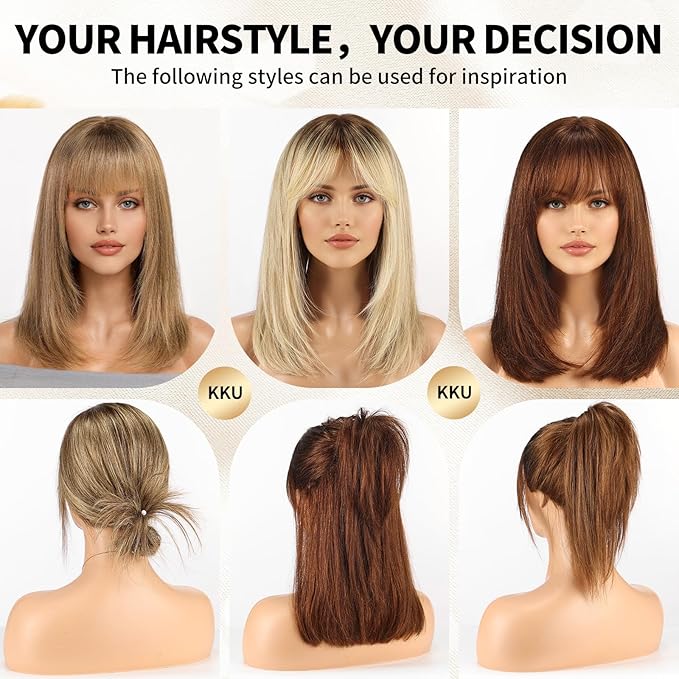 KKU 16 Inch Brown and Gold Ombre Human Hair Wigs for Women,Layered Straight Hair Wig with Bangs,Wear Natural Realism