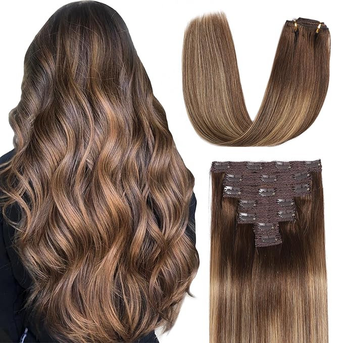 Sisily Clip in Hair Extensions Real Human Hair, Premium Human Hair Clip in Extensions Chocolate Brown to Blonde Balayage, Soft Straight Human Hair Extensions Real Human Hair Clip ins 7PCS （14 Inch）