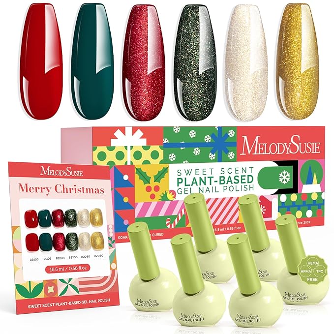 MelodySusie Highly Pigmented Gel Nail Polish Set, 0.56 fl.oz Tilt-and-Stand Bottle, HEMA Free Plant-Based Formula, 6 Colors Christmas, Soak Off UV LED Manicure Kit Gift Box(Red Green Glitter Gold)