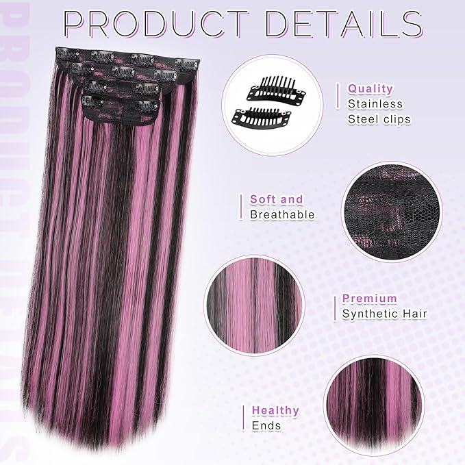 Vigorous Clip in Hair Extensions Straight 4Pcs Black Mix Purple Highlights Hair Extension 22 Inch Soft Full Head Weddings Party Daily Use for Women