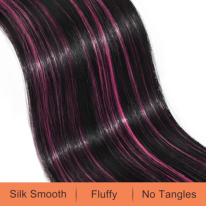 SEIKEA Ponytail Extensions Drawstring Long Straight Fake Pony Tail Natural Soft Clip in Hair Extension Synthetic Heat Resistant Hairpiece 28 Inch Natural Black with Pink Highlights