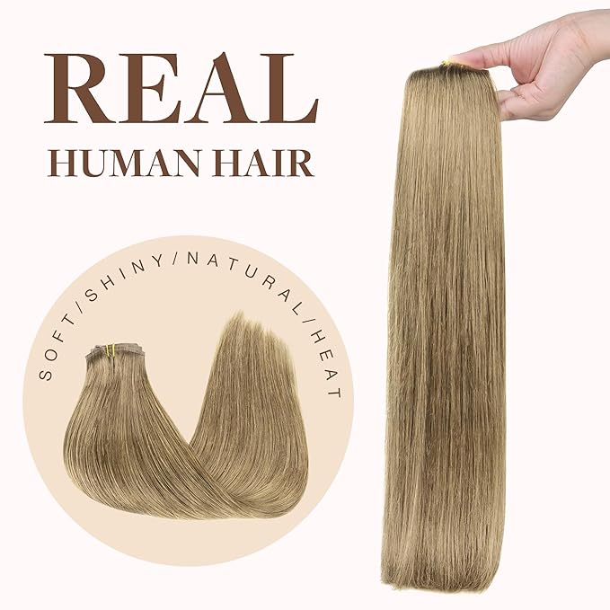 GOO GOO Clip in Hair Extensions Real Human Hair, Remy Human Hair Extensions Clip ins for Women, Natural Human Hair, 14inch 130g 9Pcs, 7 Bronde