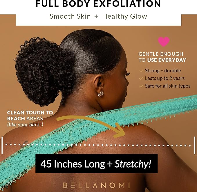 BELLANOMI 4 Piece African Exfoliating Net Sponge Long African Bath Sponge, Authentic Ethically Sourced from Nigeria, Great for Daily Use (Blue, White, Seafoam,Navy Blue)