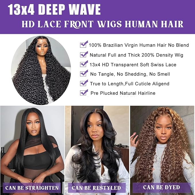 32 Inch HD Transparent Deep Wave Lace Front Wigs Human Hair 200% Density 13x4 Wet and Wave Human Hair Wig Glueless Deep Wave Frontal Wig for Women Pre Plucked Curly Human Hair Wig