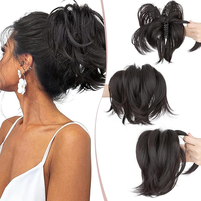Claw Clip Short Ponytail Hair Extensions Messy Bun Hair Piece Pony Tails Hair Extensions with Bendable Metal Wire Hair Pieces DIY Style 8 Inch 4A Jet Black
