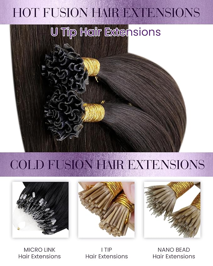 LaaVoo Utip Hair Extensions Human Hair Dark Brown U Tip Hair Extensions Human Hair Hot Fusion 16 Inch 1g 50s/50g