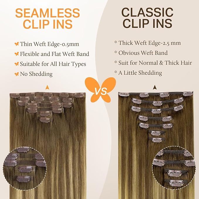 DOORES Seamless Clip-in Hair Extensions, Medium Brown Highlighted Dirty Blonde, 24 Inch, 160g, 7pcs, Real Human Hair, Straight, Remy, Thick, Invisi Edge
