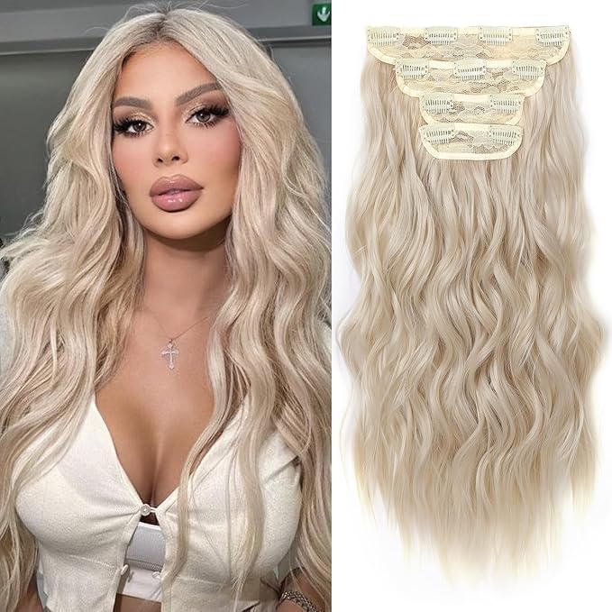 REECHO Hair Extensions, 4PCS Clip in Hair Extensions HE001 Natural Soft Synthetic Hairpieces for Women, Light Blonde