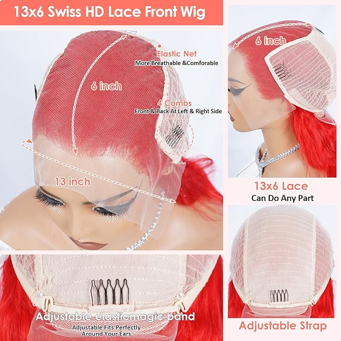 Red 13X6 Lace Front Wigs Human Hair 200 Density HD Transparent Body Wave Lace Front Wigs Human Hair Body Wave Wig Red HD Lace Frontal Colored Wig 13x6 for Black Women 26 Inch