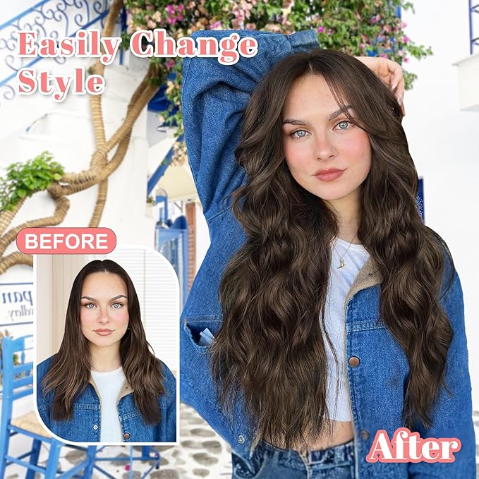 ALXNAN Clip in Hair Extensions for Women,Chocolate Brown with Dark Brown Long Wavy Hair Extensions Clip Ins 4PCS 20 Inch Synthetic Soft and Natural Thick Hair Pieces for Women