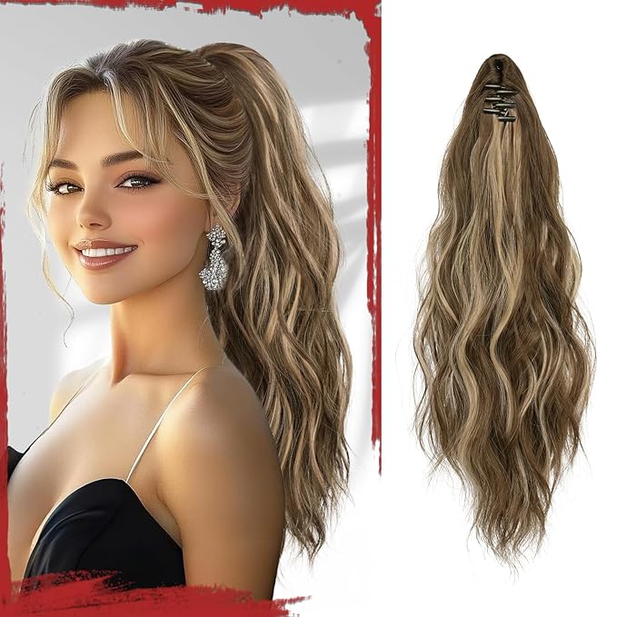 SOFEIYAN Ponytail Extension 16" Curly Wavy Claw Clip Ponytail Hair Extensions Small Claw Clip in Hairpiece Fluffy Clip on Pony Tails Jaw Clips for Women Synthetic Hairpiece, Brown Highlight Blonde
