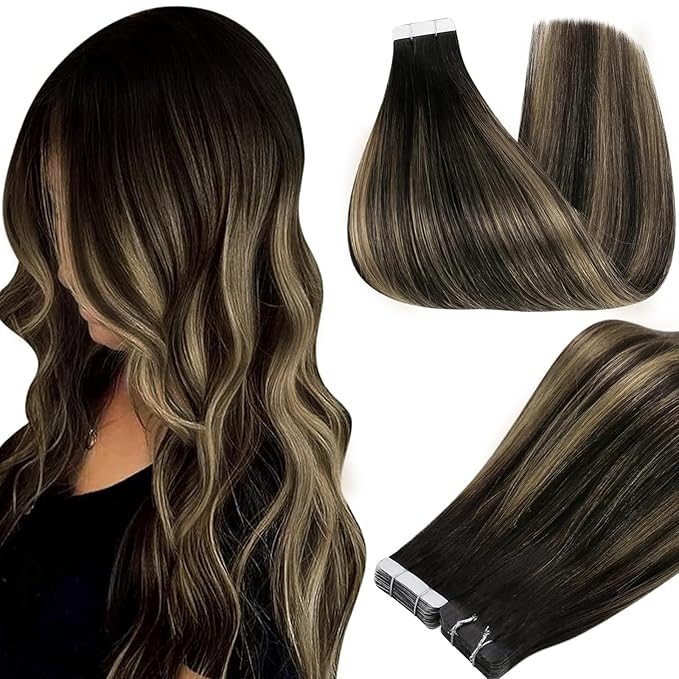 Full Shine Tape in Hair Extensions Color 1B Black Ombre 27 Blonde And 1B Remy Human Hair Tape in Extensions 22Inch Seamless Invisible Extension 100G 40Pcs for Women Natural