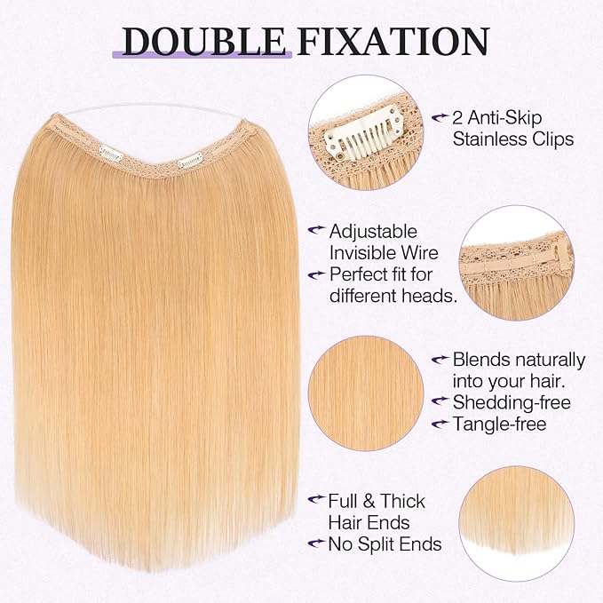 Halo Hair Extensions Real Human Hair,Halo Hair Extension 100% Human Hair,Wire Hair Extensions,Thicker Honey Blonde 16inch/80g