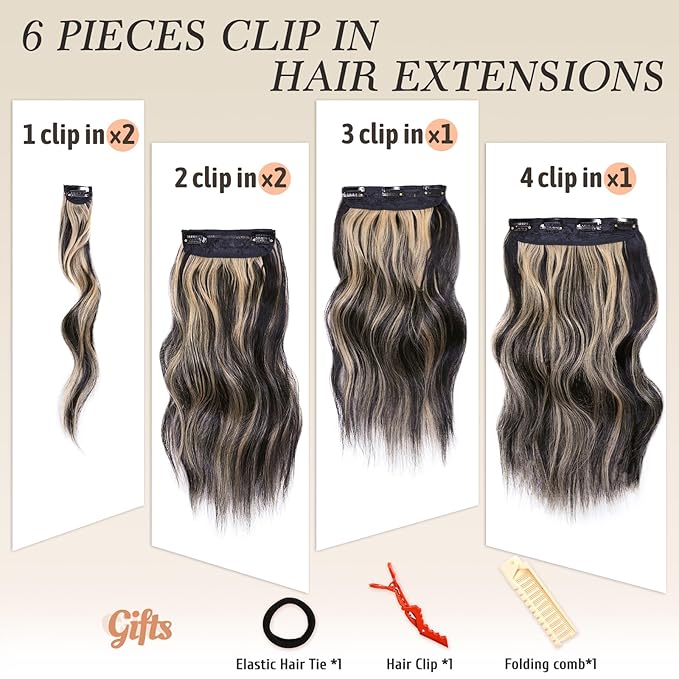 NAYOO Clip in Hair Extensions for Women 14 Inch Short Wavy Curly Black Mix Blonde Hairpieces Full Head Synthetic Hair Hairpieces (6PCS, Black Mix Blonde)