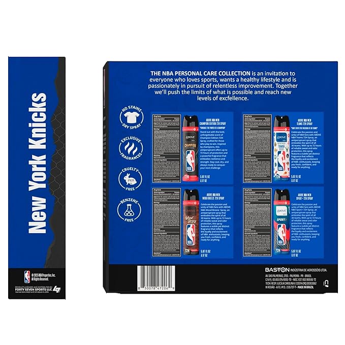 Above NBA – New York Knicks Deodorant Gift Set – A Giftable Set for Knicks Fans – Antiperspirant Spray, 4 Signature Scents, 72h Protection, Dry Spray, No Stains – 5.07 oz, Pack of 4