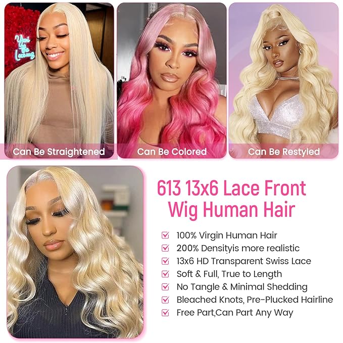 613 Lace Front Wig Human Hair 13x6 Blonde Wig Human Hair 613 Body Wave HD Lace Frontal Wigs Pre Plucked Blonde Lace Front Wigs for Women (32 inch)