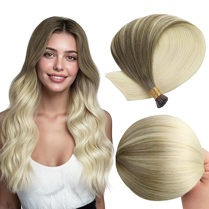 GOO GOO I Tip Hair Extensions Real Human Hair, 18inch 50g 50S, Cold Fusion I Tip Hair Extensions, Invisible Remy Hair Extensions, 9/60 Balayage Ash Brown to Platinum Blonde