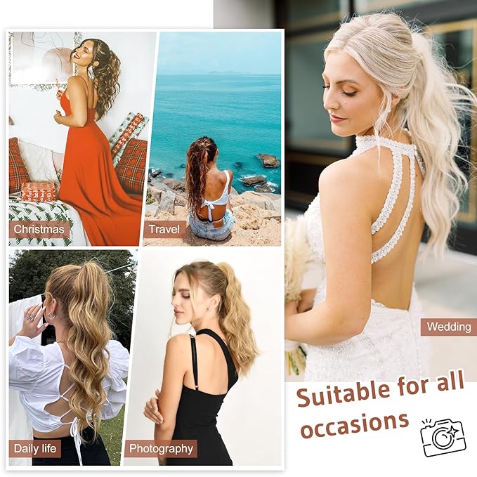 FLUFYMOOZ Wavy Curly Claw Clip Ponytail Extension, 18 Inch Natural Fake Ponytail Synthetic Hairpiece for Women (Medium Brown Ash Blonde)
