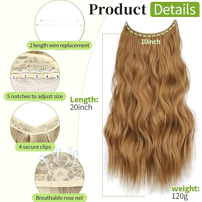 KooKaStyle Invisible Wire Hair Extensions with Transparent Headband Adjustable Size 4 Secure Clips Long Wavy Highlight Hairpiece 20 Inch Medium Reddish Blonde for Women