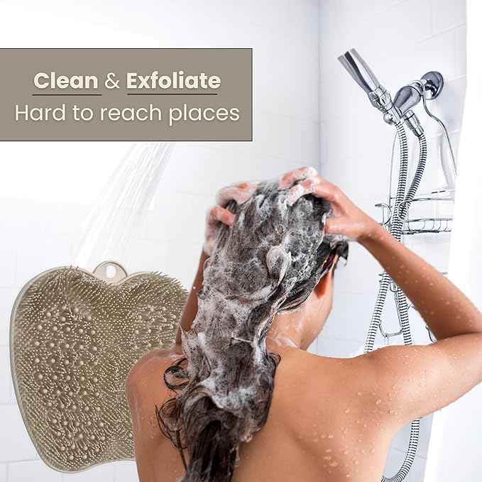 Foot Scrubber Mat with Suction Cups - Silicone Body Scrubber for Back or Feet, Ivory Shower Mat for Ground or Wall, Valentines Day Gifts for Men or Women, 11 x 11 inches (Mocha)