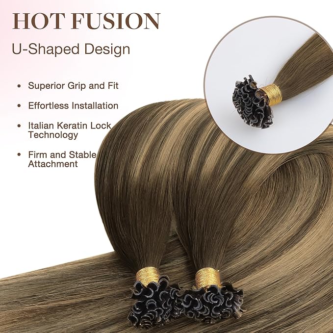 GOO GOO K Tip Hair Extensions Real Human Hair, Invisible Remy Hot Fusion K Tip Hair Extensions, 16inch 50g 50S, 4/27/4 Balayage Chocolate Brown to Caramel Blonde