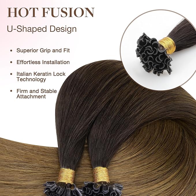 GOO GOO U Tip Hair Extensions, Real Human Hair, 18inch 50g 50S, Hot Fusion U Tip, Invisible Remy, Chocolate Dip Color Melt