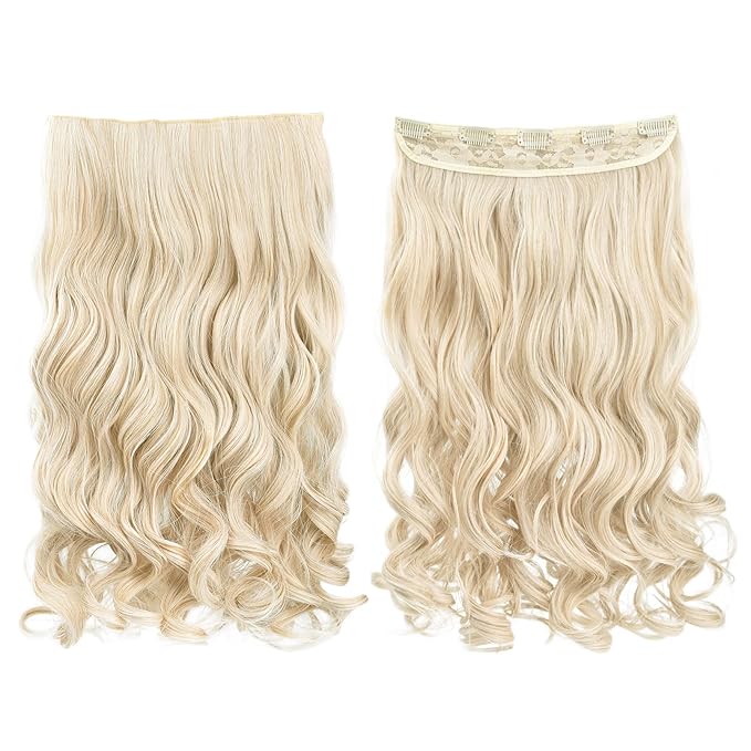 REECHO 24" 1-pack 3/4 Full Head Curly Wave Clips in on Synthetic Hair Extensions HE008 Hair pieces for Women 5 Clips 4.5 Oz Per Piece - Light Blonde