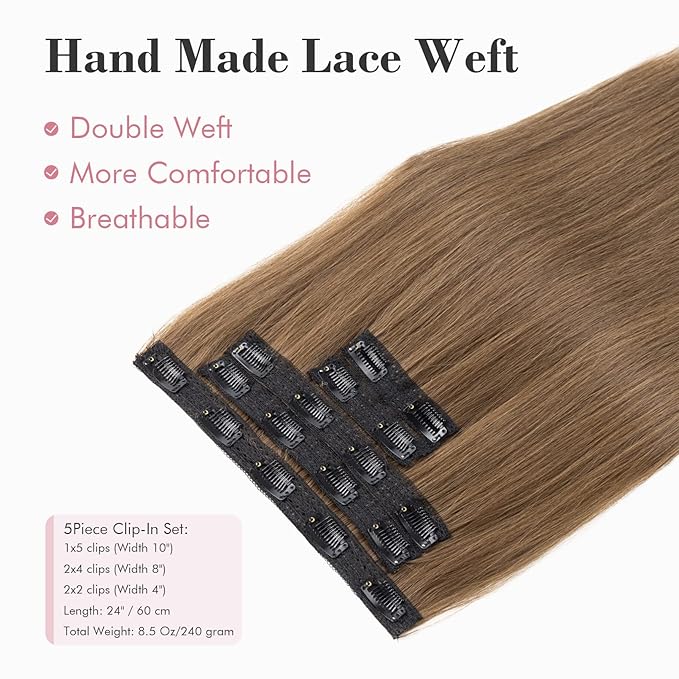 REECHO Clip in Hair Extensions, Hair Extensions Thick Long Lace Weft Lightweight Synthetic Hairpieces for Women (24 Inch-240 Gram(Pack of 5), Light Chestnut Brown)