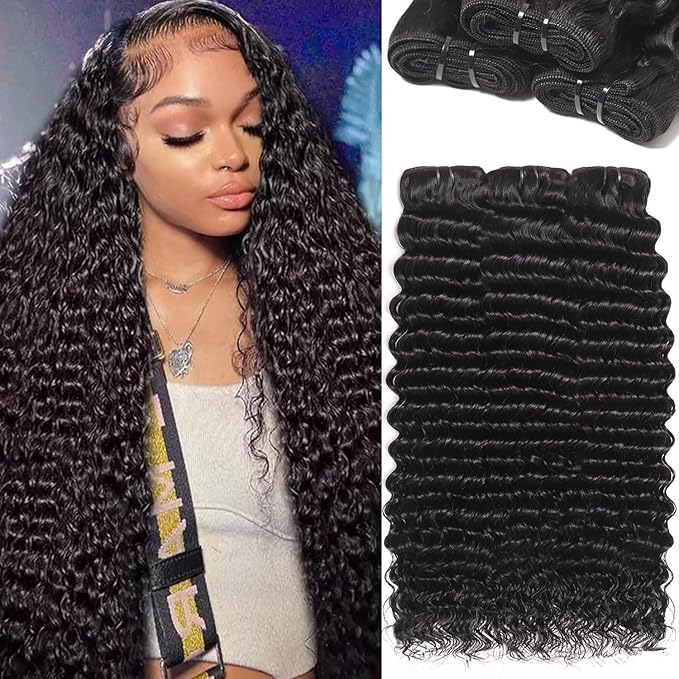 12A Brazilian Deep Wave Bundles Human Hair 3 Pcs 24 24 24 Inch Deep Curly Human Hair Water Wave Bundles 100% Unprocessed Virgin Double Weft Curly Weave Natural Black