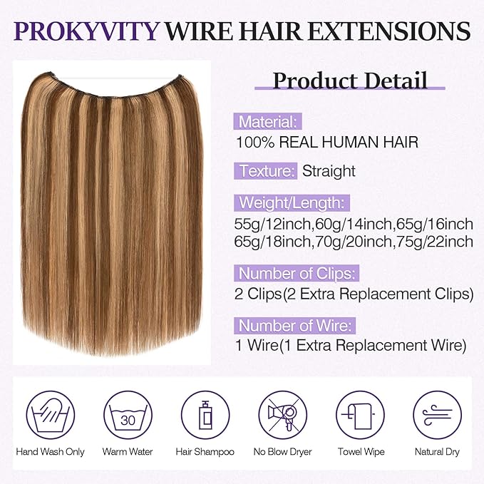 Halo Hair Extensions Real Human Hair,Halo Hair Extension 100% Human Hair, Wire Hair Extensions,Straight 4P27 Medium Brown Mixed Dark Blonde 12inch/55g