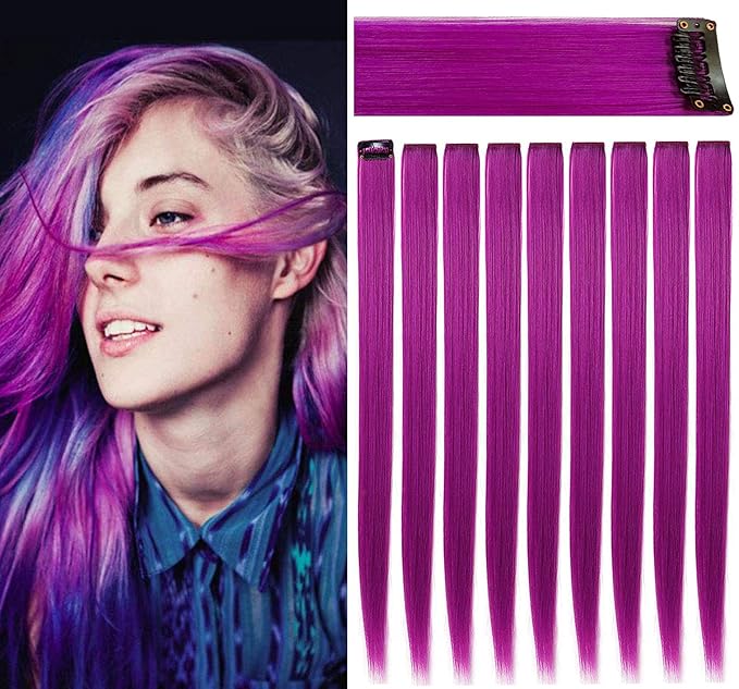 Rhyme 9PCS 21" Colored Clip in Hair Extensions Purple Hair Extensions for Kids Girls Hair Clips Straight Fashion Hairpieces for Party Highlights Hair Accessories (Purple)
