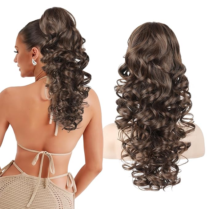 Flufymooz Ponytail Extension, 18 inch Wavy Curly Claw Clip Ponytail Extension Clip on Ponytails Natural Synthetic Hairpiece for Women Daily Wear (Chocolate Brown)
